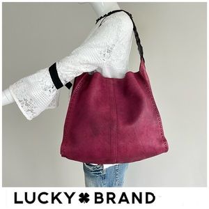 LUCKY BRAND Fuchsia Magenta Pebbled Leather Brown Braided Handles Tote Satchel